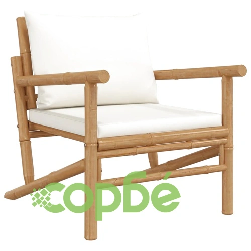 Градински лаундж комплект с кремави възглавници 3 части бамбук ➤ топ цена ➤ sorbe.bg