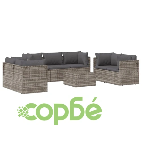 Градински комплект с възглавници, 8 части, полиратан, сив ➤ топ цена ➤ sorbe.bg