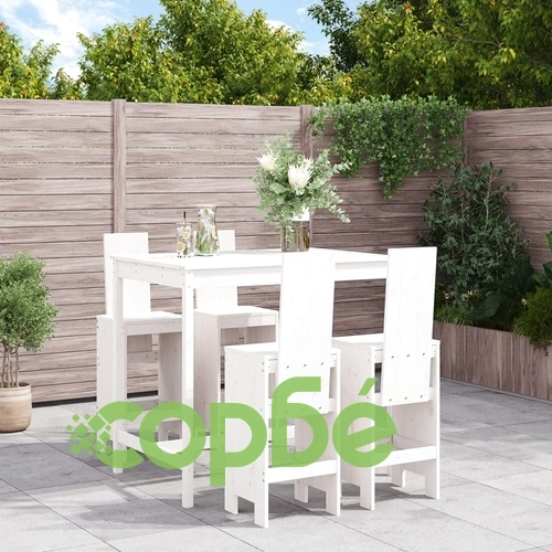 Градински бар комплект от 5 части, бял, масивно дърво бор ➤ топ цена ➤ sorbe.bg