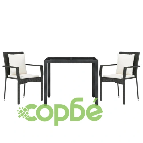 Градински комплект от 3 части с възглавници черни полиратан ➤ топ цена ➤ sorbe.bg