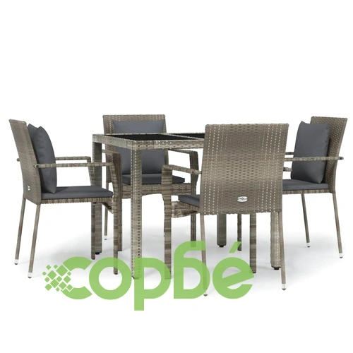 Градински трапезен комплект 5 части с възглавници сив полиратан ➤ топ цена ➤ sorbe.bg