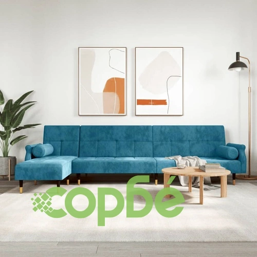 Г-образно разтегателно канапе синьо 271x140x70 см кадифе ➤ топ цена ➤ sorbe.bg