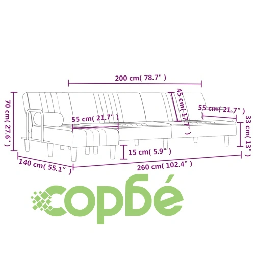 Г-образно разтегателно канапе светлосиво 260x140x70 см кадифе ➤ топ цена ➤ sorbe.bg