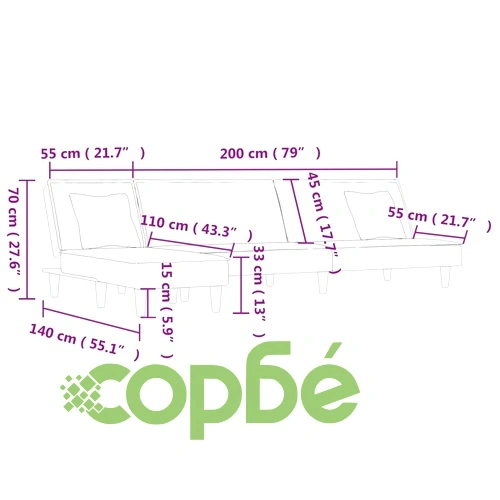 Г-образно разтегателно канапе черно 255x140x70 см плат ➤ топ цена ➤ sorbe.bg