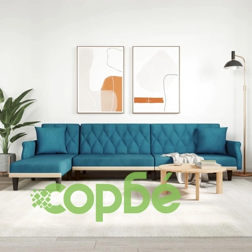 Г-образно разтегателно канапе синьо 271x140x70 см кадифе ➤ топ цена ➤ sorbe.bg