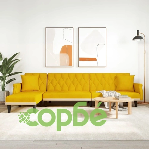 Г-образно разтегателно канапе жълто 271x140x70 см кадифе ➤ топ цена ➤ sorbe.bg