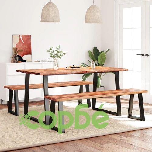 Трапезен комплект от 3 части с жив ръб акациево дърво масив ➤ топ цена ➤ sorbe.bg