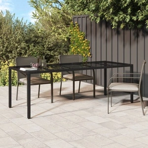 Градинска маса черна 250x100x75 см закалено стъкло и полиратан