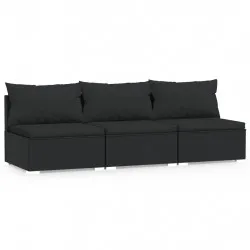 3-местен диван с възглавници, черен, полиратан