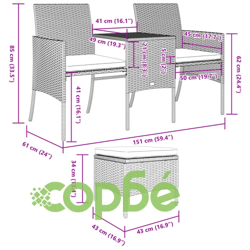 2-местен градински диван с маса и табуретки сив полиратан ➤ топ цена ➤ sorbe.bg