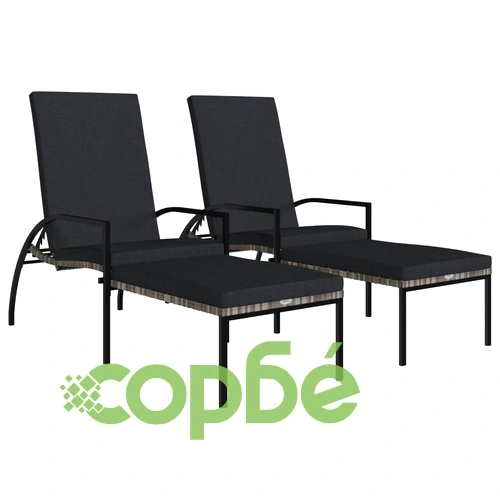 Шезлонги с поставки за крака, 2 бр, PE ратан, сиви ➤ топ цена ➤ sorbe.bg