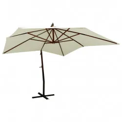 Висящ чадър с дървен стълб, 300 см, пясъчнобял