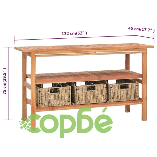 Тоалетка за баня с 3 кошници, тик масив, 132x45x75 см ➤ топ цена ➤ sorbe.bg