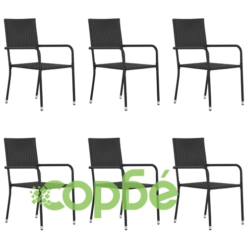 Градински трапезни столове, 6 бр, стифиращи, черни, полиратан ➤ топ цена ➤ sorbe.bg