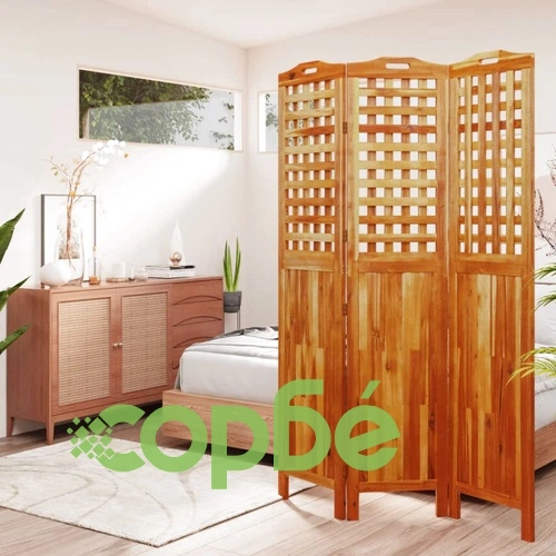Параван за стая, 3 панела, 121,5x2x180 cм, акациево дърво масив ➤ топ цена ➤ sorbe.bg