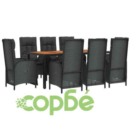 Градински трапезен комплект възглавници 9 части черен полиратан ➤ топ цена ➤ sorbe.bg