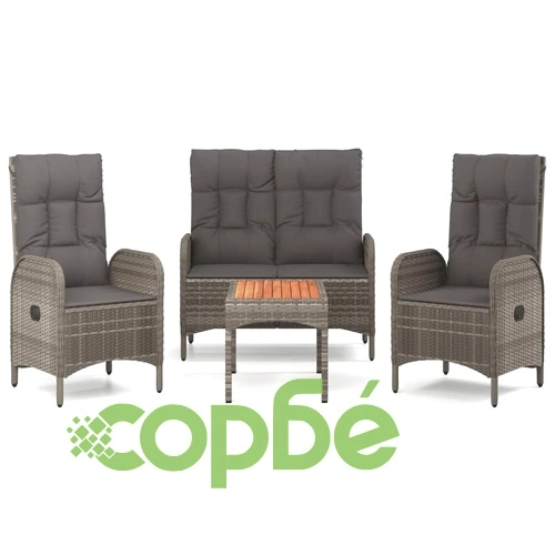 Градински трапезен комплект 4 части с възглавници сив полиратан ➤ топ цена ➤ sorbe.bg