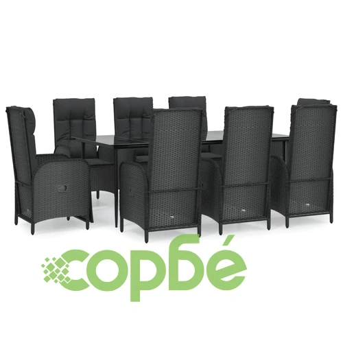 Градински трапезен комплект възглавници 9 части черен полиратан ➤ топ цена ➤ sorbe.bg
