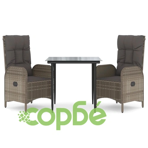 Градински трапезен комплект 3 части с възглавници сив полиратан ➤ топ цена ➤ sorbe.bg