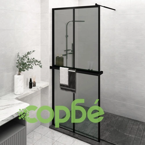 Стена за душ кабина с рафт черна 100x195 см ESG стъкло/алуминий ➤ топ цена ➤ sorbe.bg