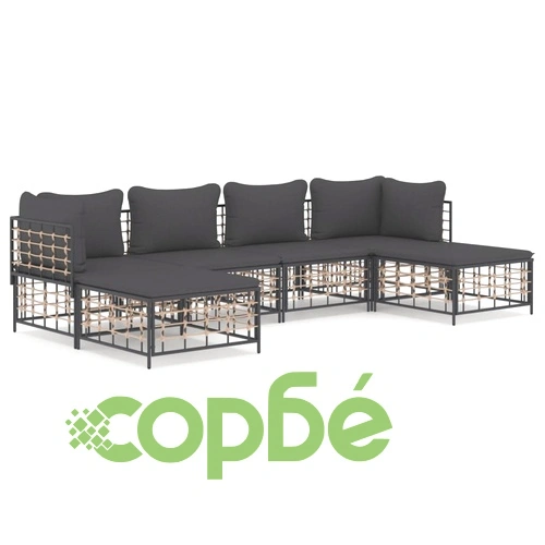 Градински комплект с възглавници 6 части антрацит полиратан ➤ топ цена ➤ sorbe.bg