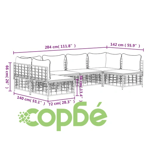 Градински комплект с възглавници 6 части антрацит полиратан ➤ топ цена ➤ sorbe.bg