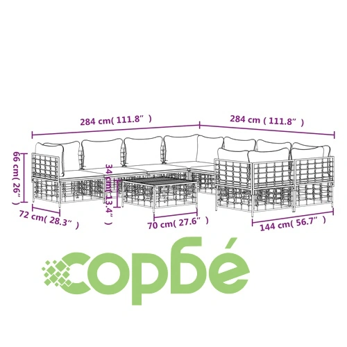 Градински комплект с възглавници 9 части антрацит полиратан ➤ топ цена ➤ sorbe.bg