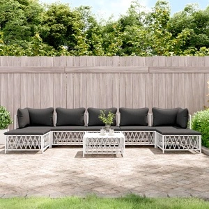 Градински лаундж комплект от 8 части с възглавници бял стомана