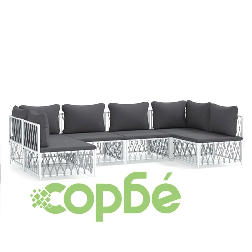 Градински лаундж комплект 6 части с възглавници бял стомана ➤ топ цена ➤ sorbe.bg