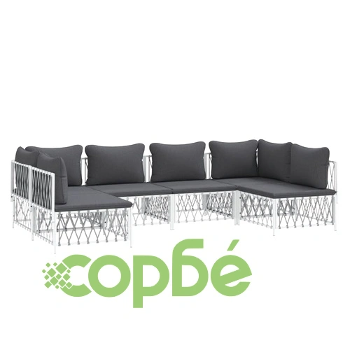 Градински лаундж комплект 6 части с възглавници бял стомана ➤ топ цена ➤ sorbe.bg