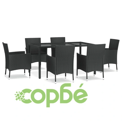 Градински трапезен комплект 7 части възглавници черен полиратан ➤ топ цена ➤ sorbe.bg