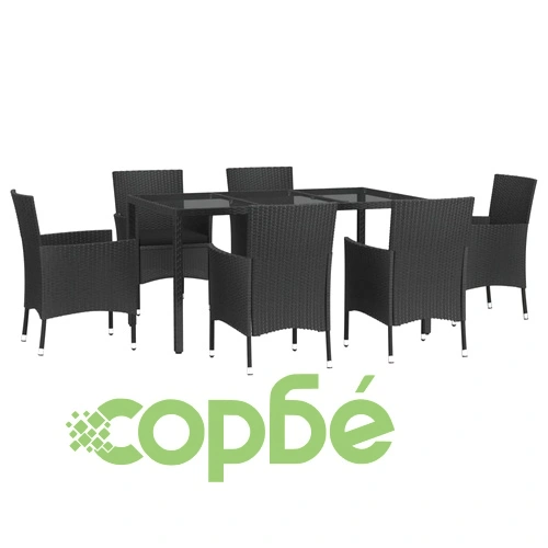 Градински трапезен комплект 7 части възглавници черен полиратан ➤ топ цена ➤ sorbe.bg