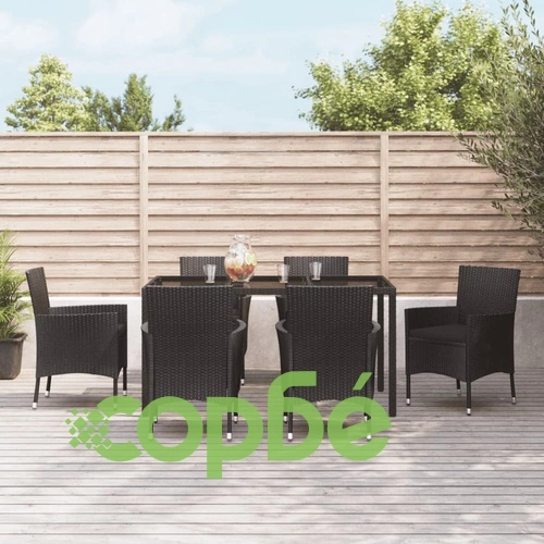 Градински трапезен комплект 7 части възглавници черен полиратан ➤ топ цена ➤ sorbe.bg