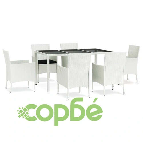 Градински трапезен комплект 7 части с възглавници бял полиратан ➤ топ цена ➤ sorbe.bg