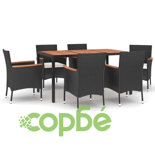 Градински трапезен комплект 7 части възглавници черен полиратан ➤ топ цена ➤ sorbe.bg