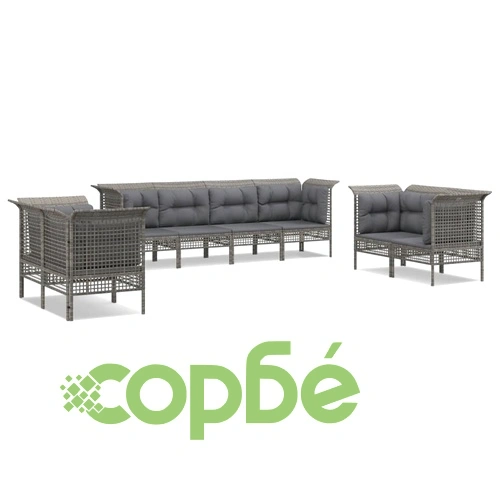 Градински комплект с възглавници, 8 части, полиратан, сив ➤ топ цена ➤ sorbe.bg