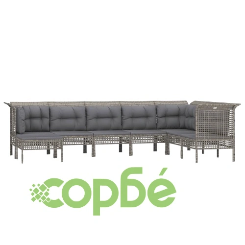 Градински комплект с възглавници, 8 части, полиратан, сив ➤ топ цена ➤ sorbe.bg