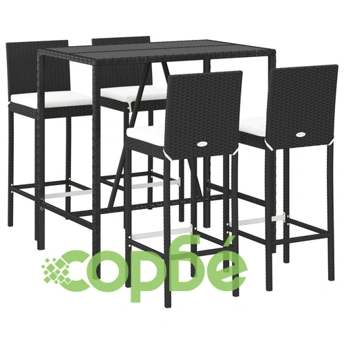 Градински бар комплект с възглавници 5 части черен полиратан ➤ топ цена ➤ sorbe.bg