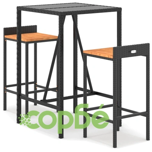 Градински бар комплект 3 части черен полиратан и акация масив ➤ топ цена ➤ sorbe.bg