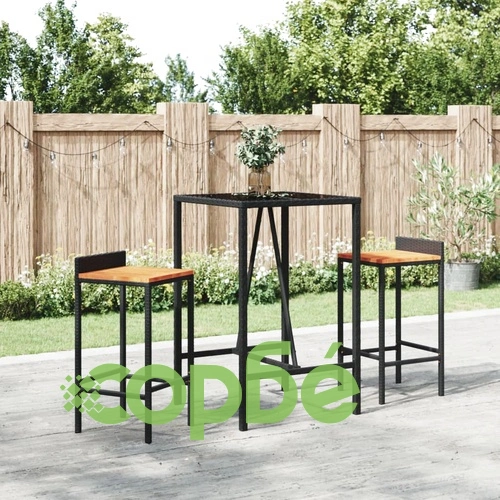 Градински бар комплект 3 части черен полиратан и акация масив ➤ топ цена ➤ sorbe.bg