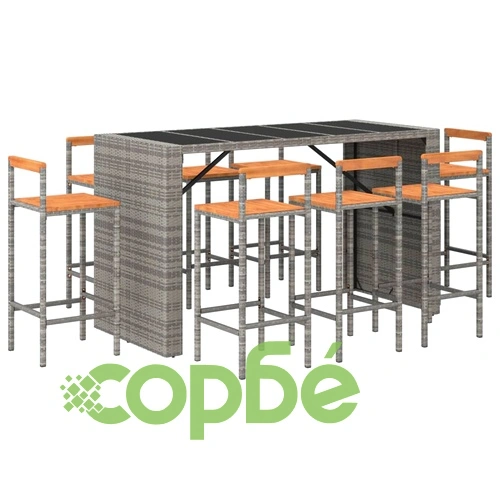 Градински бар комплект 9 части сив полиратан и акация масив ➤ топ цена ➤ sorbe.bg