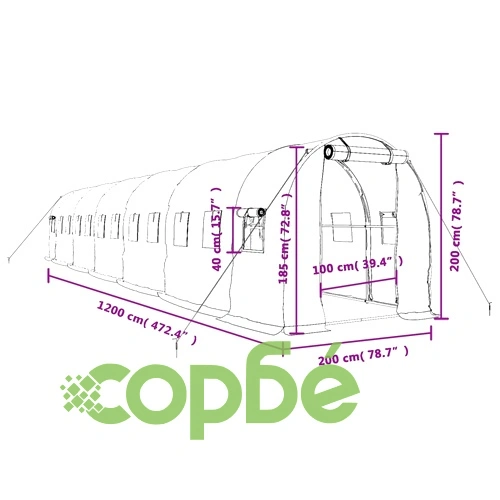 Оранжерия със стоманена рамка зелена 24 м² 12x2x2 м ➤ топ цена ➤ sorbe.bg