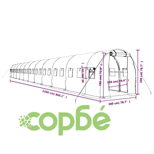 Оранжерия със стоманена рамка зелена 44 м² 22x2x2 м ➤ топ цена ➤ sorbe.bg