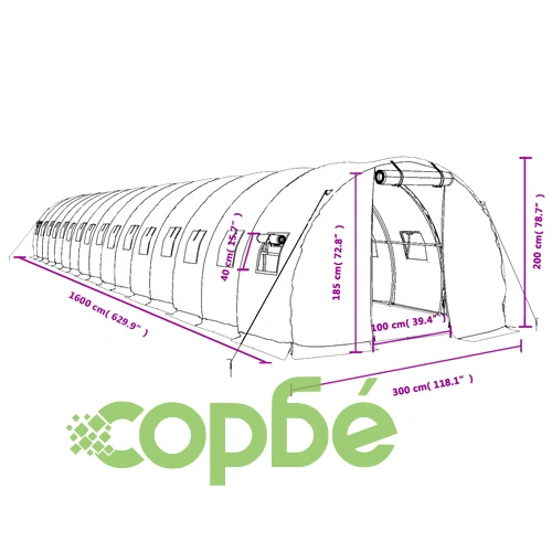 Оранжерия със стоманена рамка зелена 48 м² 16x3x2 м ➤ топ цена ➤ sorbe.bg