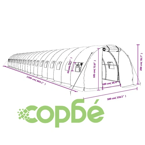 Оранжерия със стоманена рамка зелена 66 м² 22x3x2 м ➤ топ цена ➤ sorbe.bg