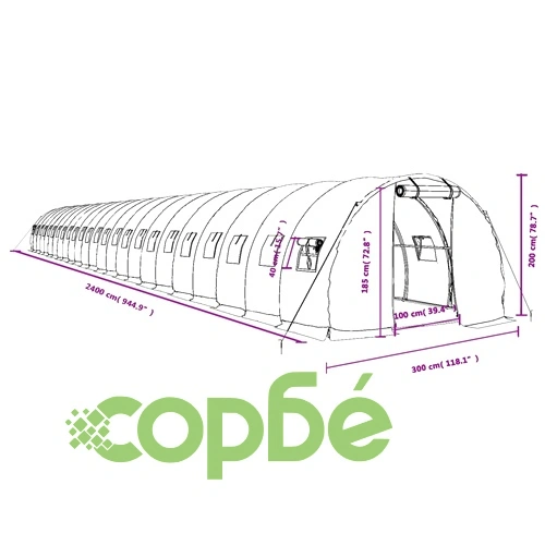 Оранжерия със стоманена рамка зелена 72 м² 24x3x2 м ➤ топ цена ➤ sorbe.bg