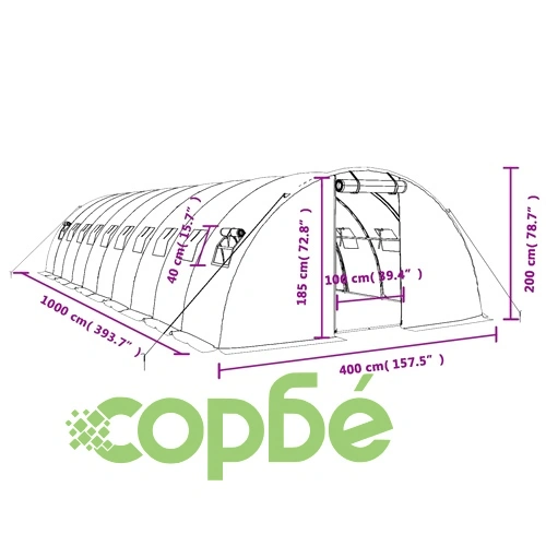 Оранжерия със стоманена рамка зелена 40 м² 10x4x2 м ➤ топ цена ➤ sorbe.bg