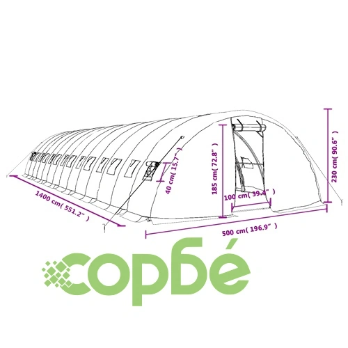 Оранжерия със стоманена рамка зелена 70 м² 14x5x2,3 м ➤ топ цена ➤ sorbe.bg
