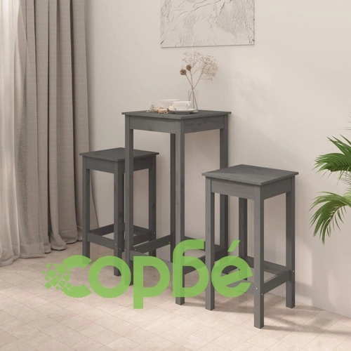 Бар комплект от 3 части, сив, масивна борова дървесина ➤ топ цена ➤ sorbe.bg