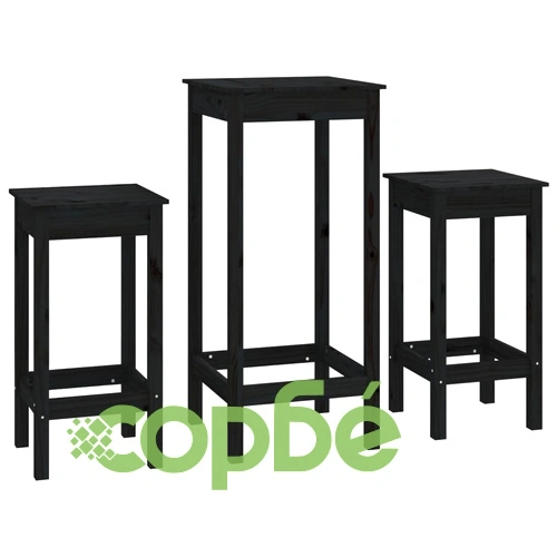 Бар комплект от 3 части, черен, масивна борова дървесина ➤ топ цена ➤ sorbe.bg